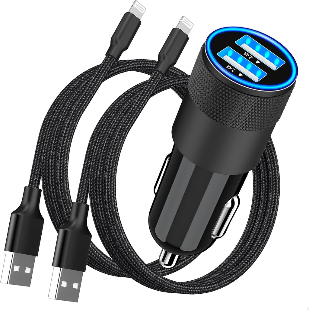 Apple Mfi Certified Iphone Car Charger Fast Charging 4.8A Car Phone Charger |  Dual USB Power Cigarette Lighter Adapter + 2Pack Lightning Braided Cord for Iphone 14 13 12 11 Pro XS XR X 8 SE Ipad