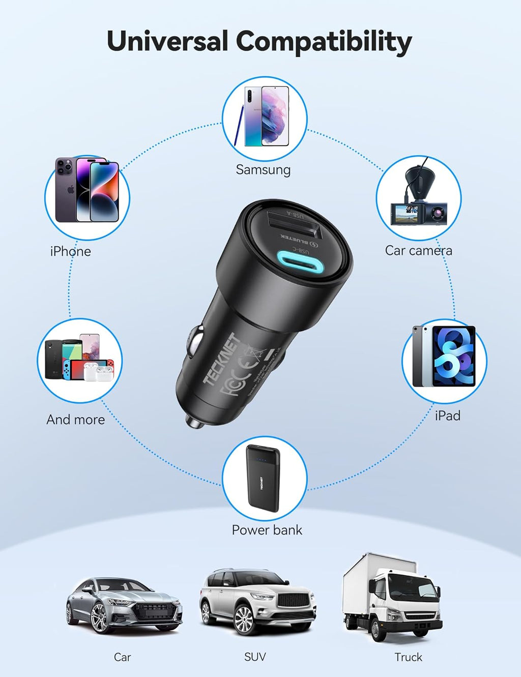 USB Car Charger[2Pack], 48W 2-Port Cigarette Lighter Fast Chargering, PD&QC3.0 USBC Car Charger Adapter Compatible with Iphone 17/16/15/14 Pro Max/Plus Galaxy