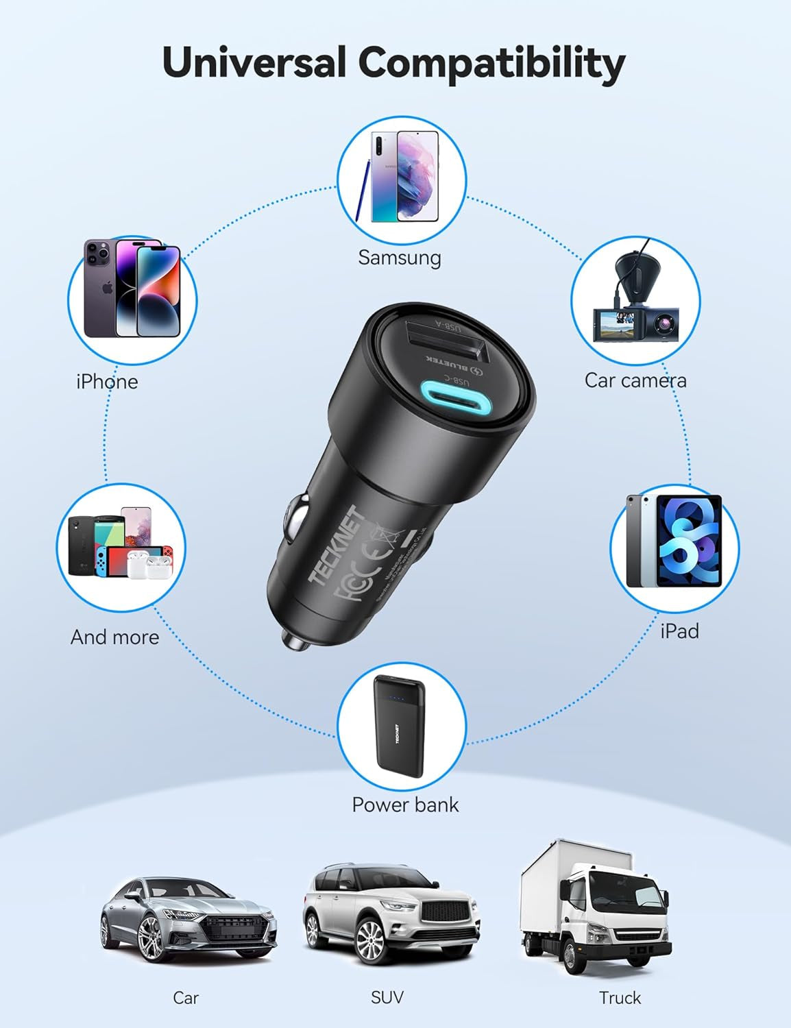USB Car Charger[2Pack], 48W 2-Port Cigarette Lighter Fast Chargering, PD&QC3.0 USBC Car Charger Adapter Compatible with Iphone 17/16/15/14 Pro Max/Plus Galaxy