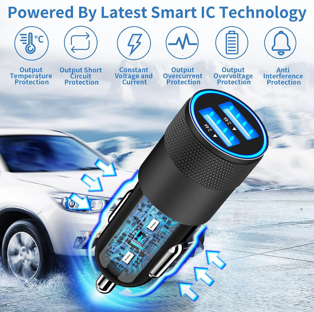 Apple Mfi Certified Iphone Car Charger Fast Charging 4.8A Car Phone Charger |  Dual USB Power Cigarette Lighter Adapter + 2Pack Lightning Braided Cord for Iphone 14 13 12 11 Pro XS XR X 8 SE Ipad