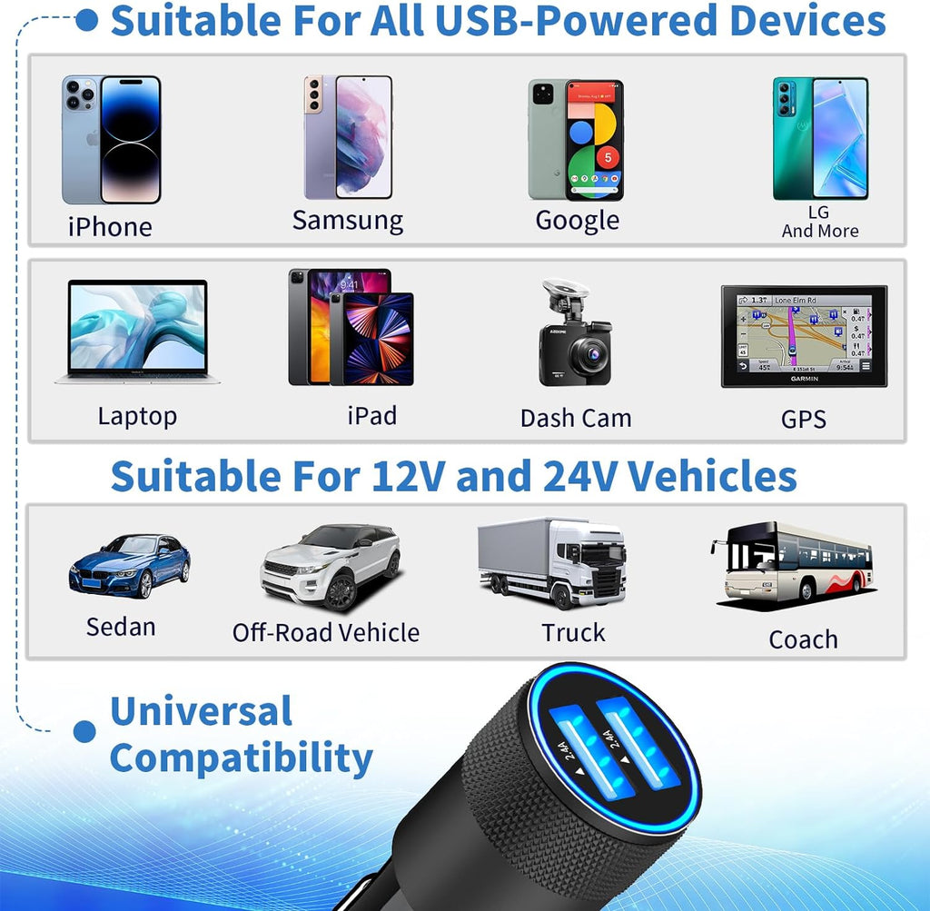 Apple Mfi Certified Iphone Car Charger Fast Charging 4.8A Car Phone Charger |  Dual USB Power Cigarette Lighter Adapter + 2Pack Lightning Braided Cord for Iphone 14 13 12 11 Pro XS XR X 8 SE Ipad
