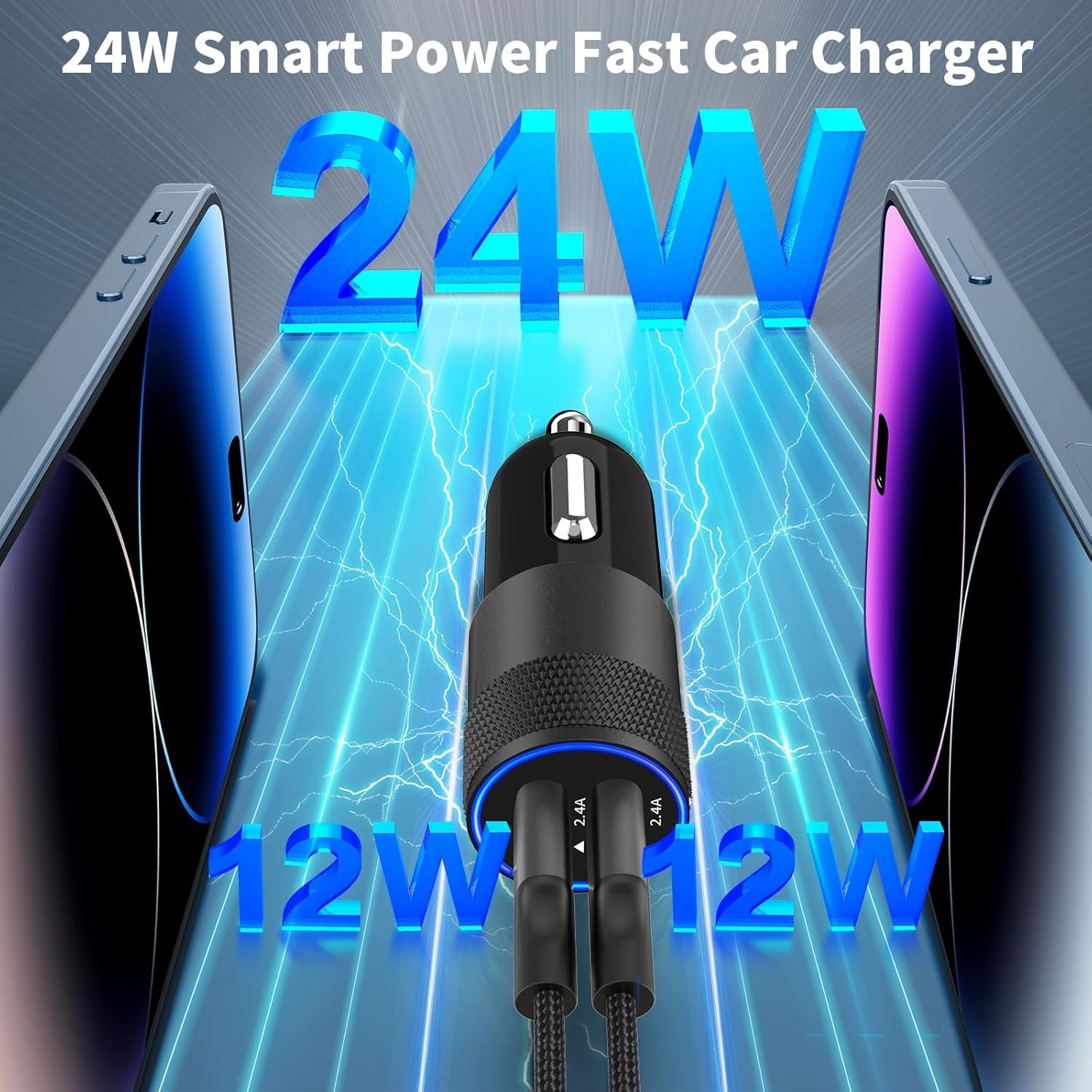 Apple Mfi Certified Iphone Car Charger Fast Charging 4.8A Car Phone Charger |  Dual USB Power Cigarette Lighter Adapter + 2Pack Lightning Braided Cord for Iphone 14 13 12 11 Pro XS XR X 8 SE Ipad