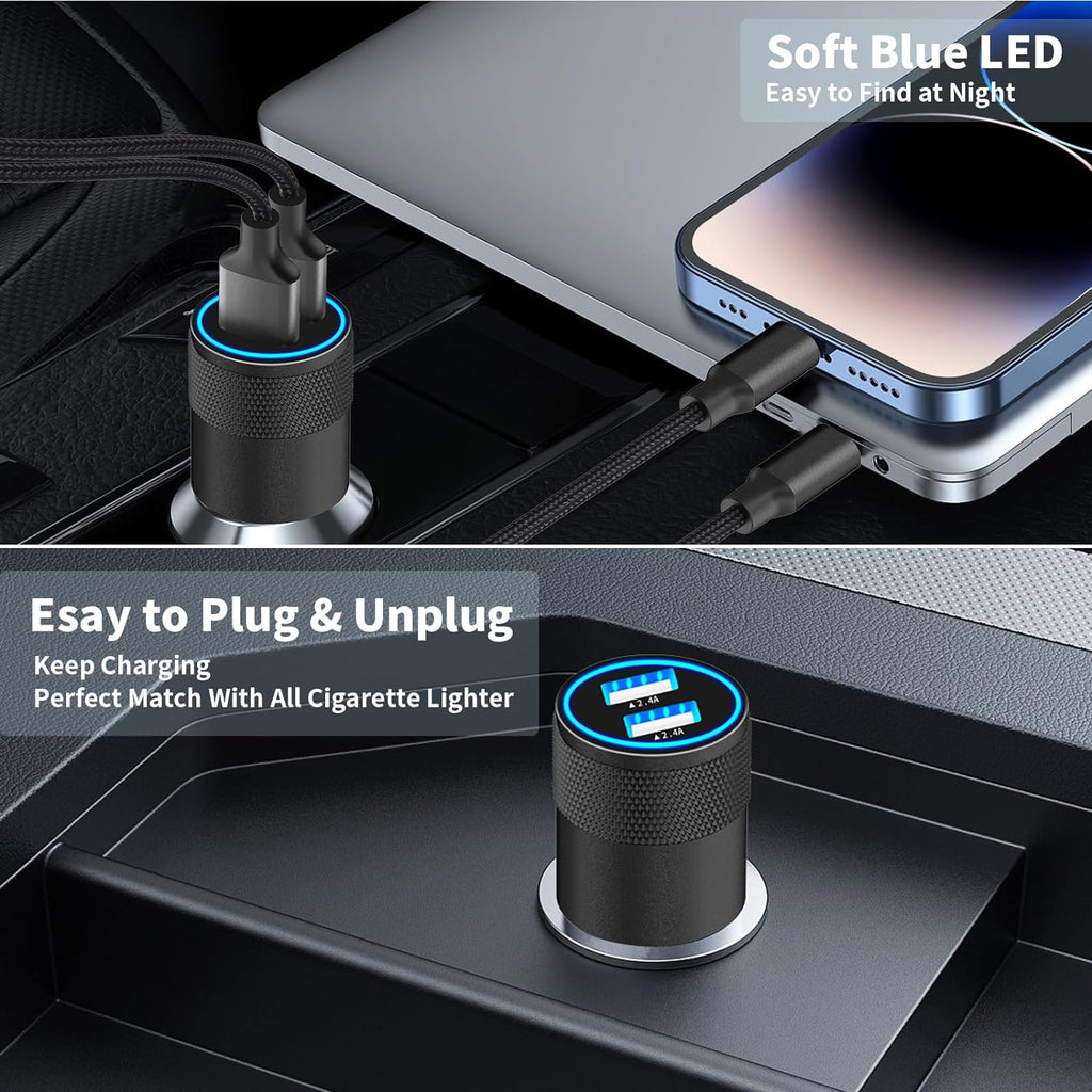 Apple Mfi Certified Iphone Car Charger Fast Charging 4.8A Car Phone Charger |  Dual USB Power Cigarette Lighter Adapter + 2Pack Lightning Braided Cord for Iphone 14 13 12 11 Pro XS XR X 8 SE Ipad