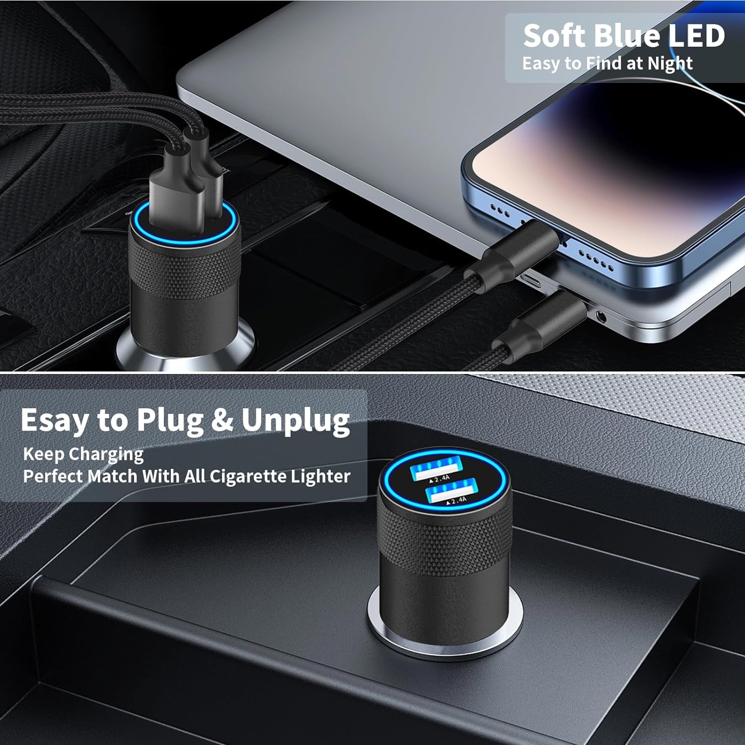 Apple Mfi Certified Iphone Car Charger Fast Charging 4.8A Car Phone Charger |  Dual USB Power Cigarette Lighter Adapter + 2Pack Lightning Braided Cord for Iphone 14 13 12 11 Pro XS XR X 8 SE Ipad